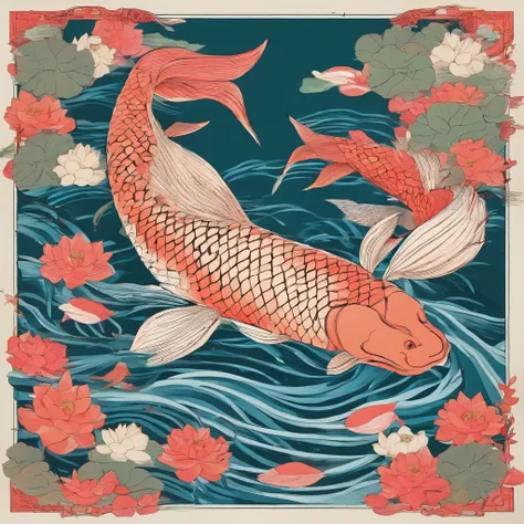 The carps swimming among the lotus are reminiscent of the affectionate whispers between lovers as they sail down a river, masterpiece, best quality