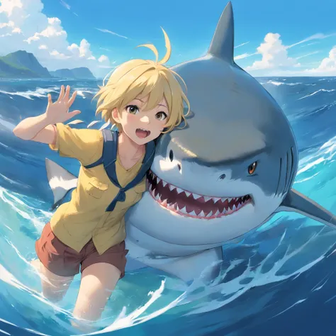 Straddling a shark、Big ocean。a blond、Head to shore。frontage。The shark is opening its mouth、