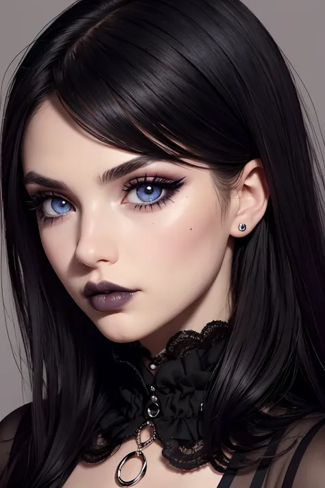 face close up, glamour photography of a random stylish goth girl, edgy vibe, dark, mascara, eyeliner, dark cheeks, Heterochromia (different-colored eyes), Pouty lips, Doe-eyed look, Small nose, Pouty lips, detailed skin, skin blemish,