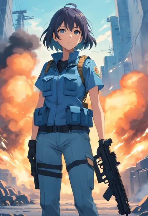 Female, Tall soldiers, bulletproof vest, (soldier uniform), blue, weapon, gatling gun, gas mask, rank on the side of clothing, horizon, full fire