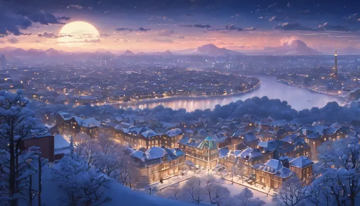 ((​masterpiece)), ((top-quality)), (hight resolution), (extremely detailed CG unified 8k wallpaper),Movie Light Effects,(Near and far law),光线追踪,(beautiful night scene:1.4),(projected inset),Midnight,midwinter,(cloudy ash sky:1.2),((In the midst of falling ...