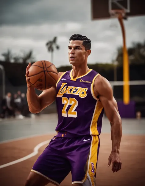 Cristiano Ronaldo jogando basquete vestindo uniforme do Los Angeles lakers