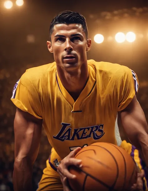 Cristiano Ronaldo jogando basquete vestindo uniforme do Los Angeles lakers