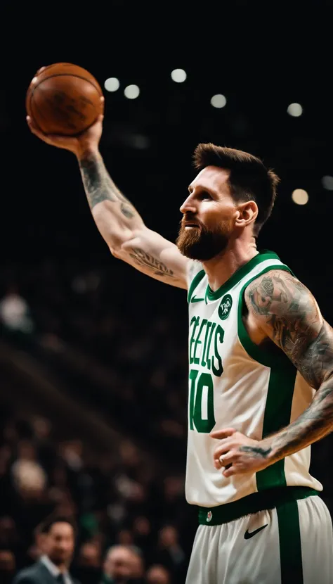 Lionel Messi jogando basquete vestindo uniforme do Boston Celtics