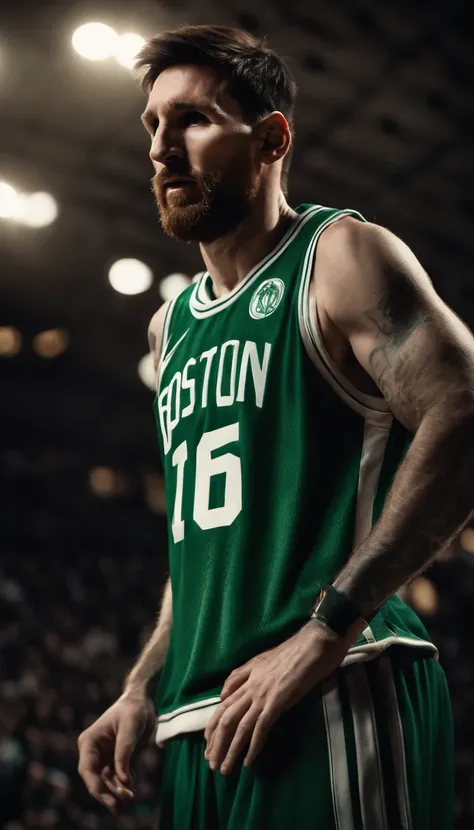 Lionel Messi jogando basquete vestindo uniforme do Boston Celtics