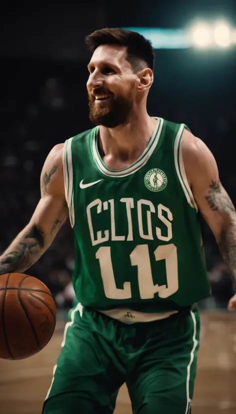 Lionel Messi jogando basquete vestindo uniforme do Boston Celtics