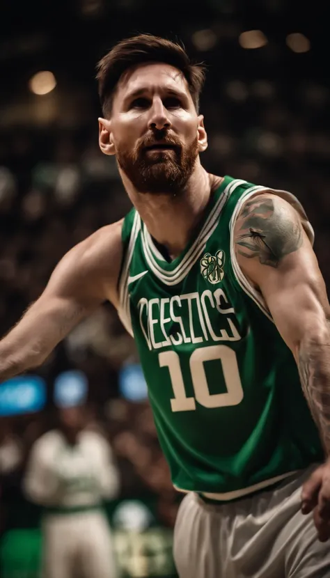 Lionel Messi jogando basquete vestindo uniforme do Boston Celtics