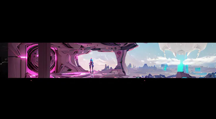 a white male robot. Room with neom lights, balcony for alien life. alien city. White and Pink, 8K, Realistic photo, male robot, deep color, fantastical, intricate detail, splash screen, complementary colors, 8k resolution trending on Artstation Unreal Engi...