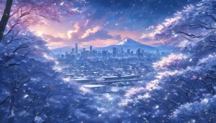 ((​masterpiece)), ((top-quality)), (hight resolution), (extremely detailed CG unified 8k wallpaper),Movie Light Effects,(Near and far law),光线追踪,(beautiful night scene:1.4),(projected inset),Midnight,midwinter,(cloudy ash sky:1.2),((In the midst of falling ...