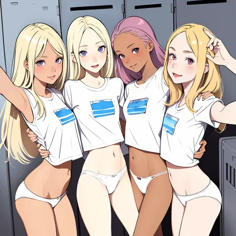 (superflat, flat shading, flat colors:1.1), 2girls, young teen, schoolgirl, slim, small breast, blonde hair, (tanned skin:0.7), pale skin, white t-shirt, (white panties), (hugging from behind), smile, love, blush, selfie, locker room, bright sunlight, best...