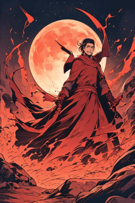 the king in the crown、red costume、red flame、moon in background