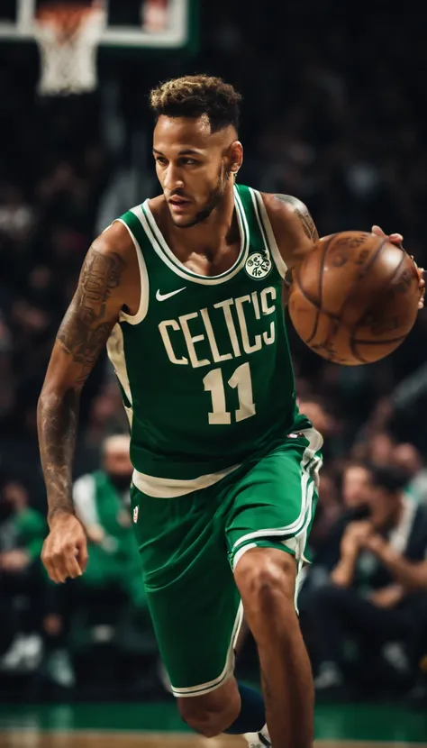 Neymar Junior jogando basquete vestindo uniforme do Boston Celtics