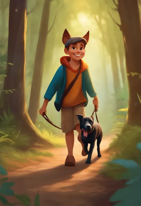 Draw Lucas, a smiling boy, holding his faithful friend, Bolt, the dog, as they walk through the forest together.