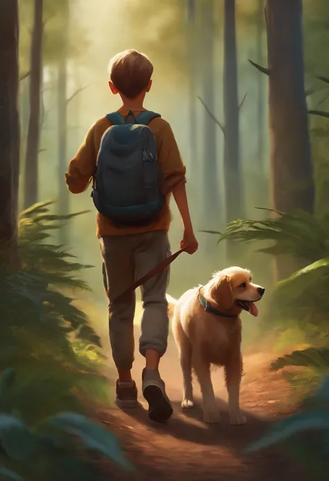 Draw Lucas, a smiling boy, holding his faithful friend, Bolt, the dog, as they walk through the forest together.