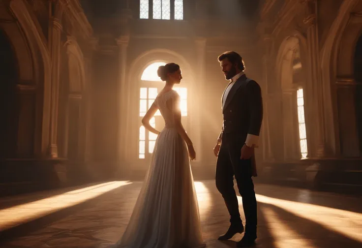 a beautiful charming fair lady dressed in a top and a long skirt standing away from a handsome man dressed in jeans and a tshirt in an old palace amidst dense shadows created by a strong streak of sun rays, 3d animation style, wide angle shot, zoomed out s...