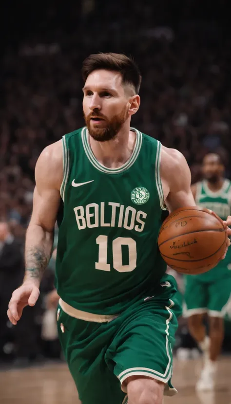 Lionel Messi jogando basquete vestindo uniforme do Boston Celtics