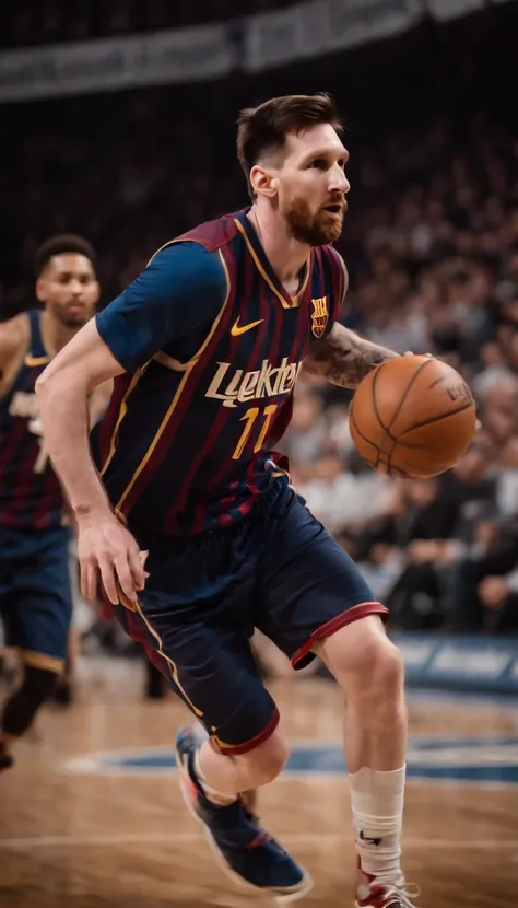 Lionel Messi jogando basquete vestindo uniforme do Brooklin Nets