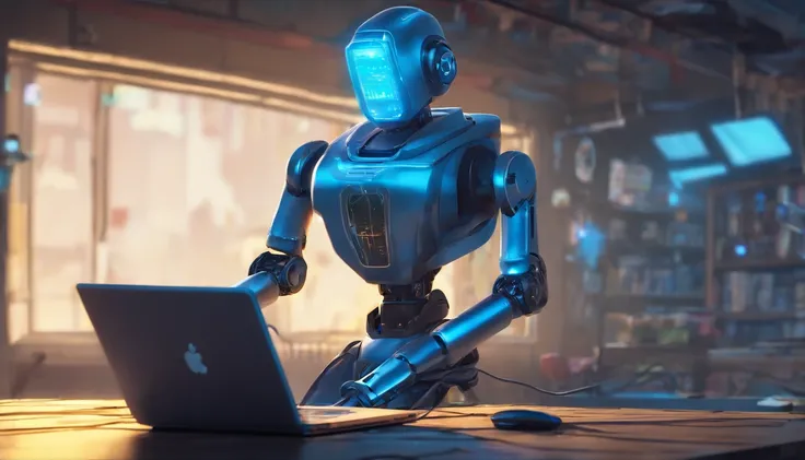 Robot with blue lights on the computer with a laptop on it, in the style of bill gekas, cute and dreamy, 32k uhd, website, grid, goro fujita, molecular