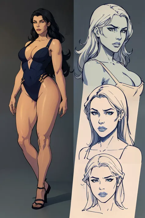 ((masterpiece)),(((best quality))),((character design sheet)), oc render, Multiple poses and expressions, same person, ((full body view)) illustration,1girl, thick thighs, ((sundress:1.2)), modern style, blue black hair, ((detailed face:1.4)) beautiful afr...