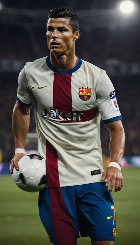 Cristiano Ronaldo jogando soccer vestindo uniforme do clube de Soccer Barcelona FC