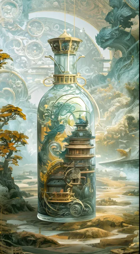 Colorful steampunk transparent landscape embroidery color ink pattern porcelain bottle front panoramic body view，The style of Jingdezhen porcelain,The bottles are embossed and carved into colorful mechanical parts，The main body is made of gold wire winding...