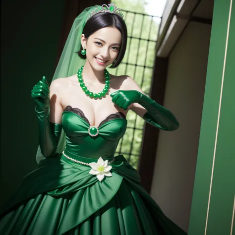 emerald tiara, Green Pearl Necklace, Boyish very short black hair, lipsticks, Japan woman smiling, very short short hair, fist, big breasts beautiful, Green eyes, Long green gloves made of satin material, Green eyes