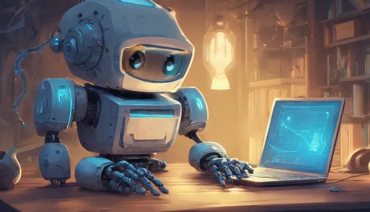 Retro baby Robot with blue lights on the computer with a laptop on it, in the style of bill gekas, cute and dreamy, 32k uhd, website, grid, goro fujita, molecular