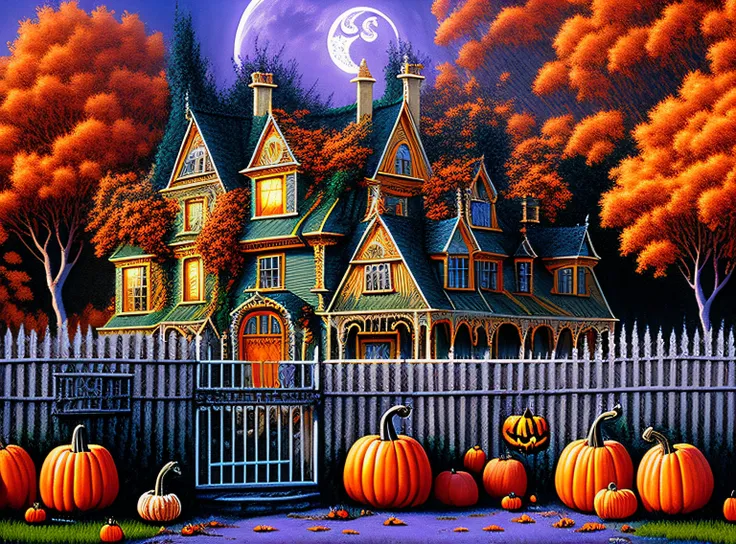 painting of a house with a fence and pumpkins in front of it, halloween scene, halloween atmosphere, ultra detailed haunted house, full of colors and rich detail, spooky mansion, by Ron Walotsky, darrell k sweet, haunted background, trick or treat, mysteri...