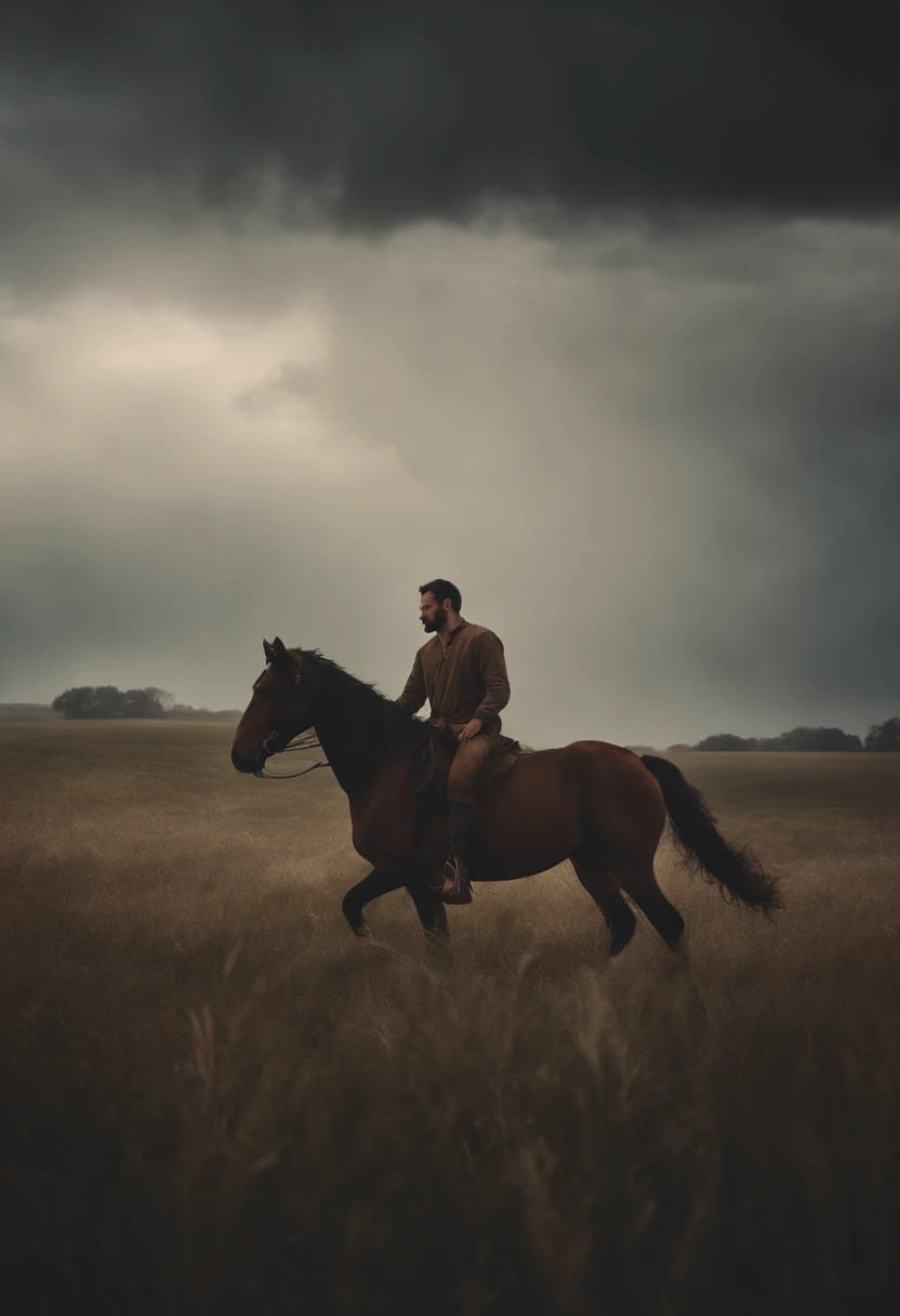 a man with a horse walking across a field in the middle of a storm and inviting the audience in the painting to join him, extending his right hand forward