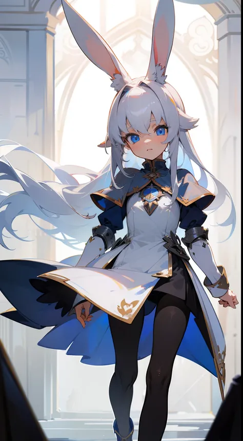 1rabbit girl,(small),solo,white hair,Long rabbit ear,blue eyes,long hair,templar silver knight outfit,masterpiece,best face,detailed face,innocent face,walking in castle,neutral face,black pantyhose