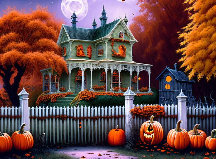 painting of a house with a fence and pumpkins in front of it, halloween scene, halloween atmosphere, ultra detailed haunted house, full of colors and rich detail, spooky mansion, by Ron Walotsky, darrell k sweet, haunted background, trick or treat, mysteri...