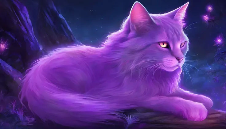 a close up of a cat with glowing eyes and a purple background, alex grey cat, purple cat, beautiful neon cats, purple glowing eyes, cat detailed, with glowing purple eyes, demon cat, metal ears purple eyes, cyberpunk cat, cat. digital painting, cat from th...