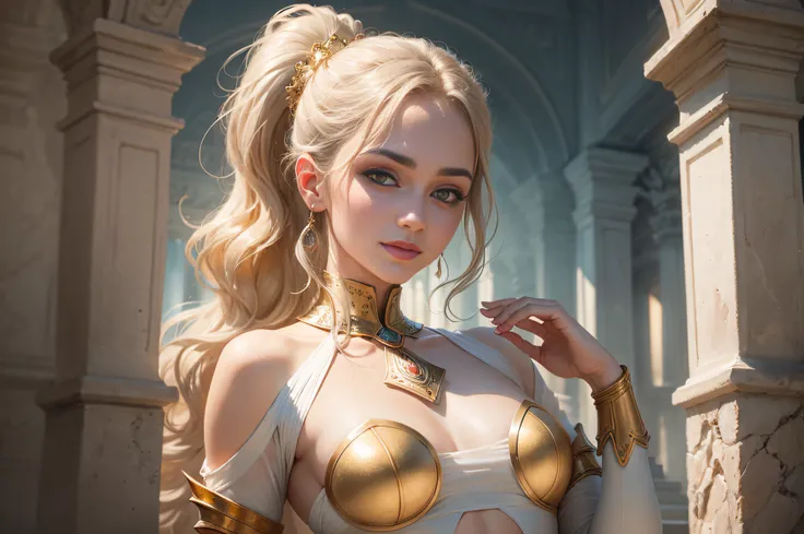 1 woman, ancient Rome, ((white clothes with translucent gold details)), full body, seductive smile, dazzling pose, shiny skin, small breasts, raised breasts, (ponytail hair), (perfect anatomy), (eyebrows) detailed, ((beautiful black eyes)), realistic skin,...