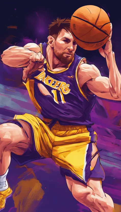 Lionel Messi jogando basquete vestindo uniforme do Los Angeles lakers