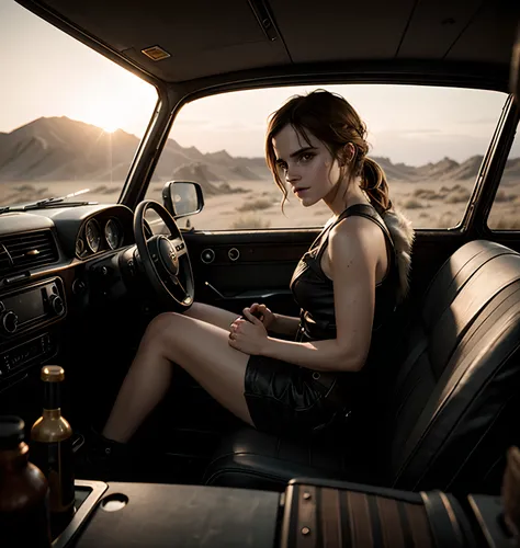 Emma Watson, Mad Max::2 interior view, Vintage camera, Detailed, octane render, cinematic lighting, 8k photo realistic