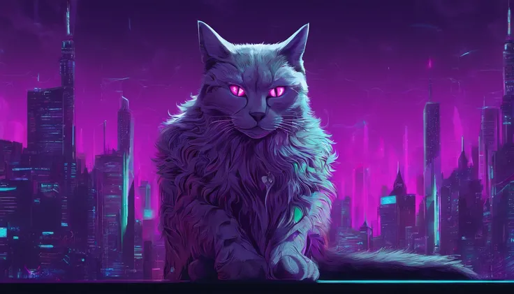 a close up of a cat with glowing eyes and a purple background, alex grey cat, purple cat, beautiful neon cats, purple glowing eyes, cat detailed, with glowing purple eyes, demon cat, metal ears purple eyes, cyberpunk cat, cat. digital painting, cat from th...