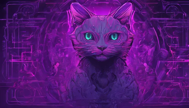 a close up of a cat with glowing eyes and a purple background, alex grey cat, purple cat, beautiful neon cats, purple glowing eyes, cat detailed, with glowing purple eyes, demon cat, metal ears purple eyes, cyberpunk cat, cat. digital painting, cat from th...