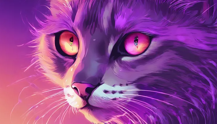 a close up of a cat with glowing eyes and a purple background, alex grey cat, purple cat, beautiful neon cats, purple glowing eyes, cat detailed, with glowing purple eyes, demon cat, metal ears purple eyes, cyberpunk cat, cat. digital painting, cat from th...