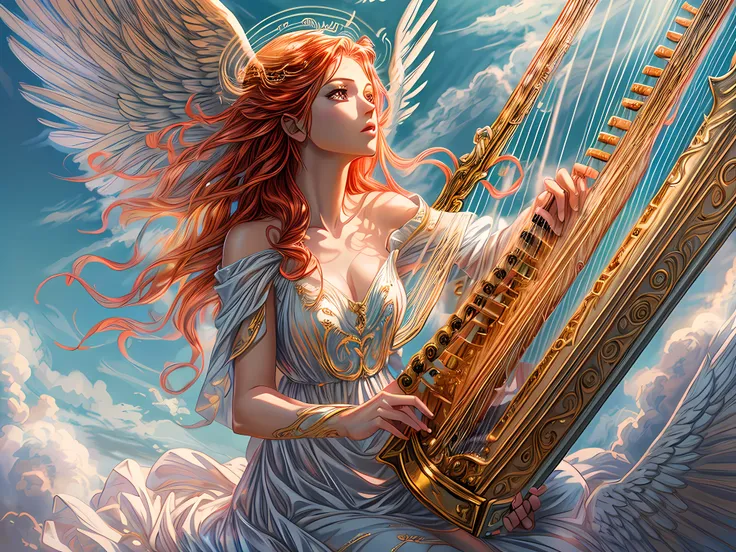 a picture of a female angel playing the (harp: 1.5) in heavens, a beautiful female angel, full body shot, ultra detailed face, u...