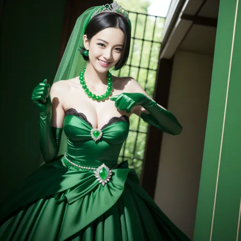 emerald tiara, Green Pearl Necklace, Boyish very short black hair, lipsticks, Japan woman smiling, very short short hair, fist, big breasts beautiful, Green eyes, Long green gloves made of satin material, Green eyes