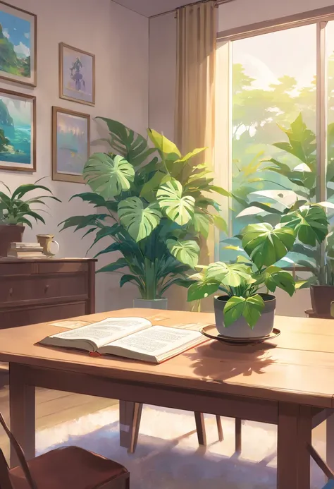 In a large and bright living room，Carding、One book Bible minimalist style on the table，In the middle is a large pot of white monstera