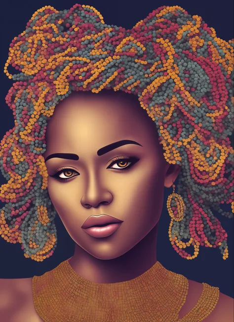 creates a very realistic multicolor vector image of the face of a black woman wearing African designed clothes and beads, with a beautiful face, artgerm style, highly detailed images, with iridescent light --auto --s2