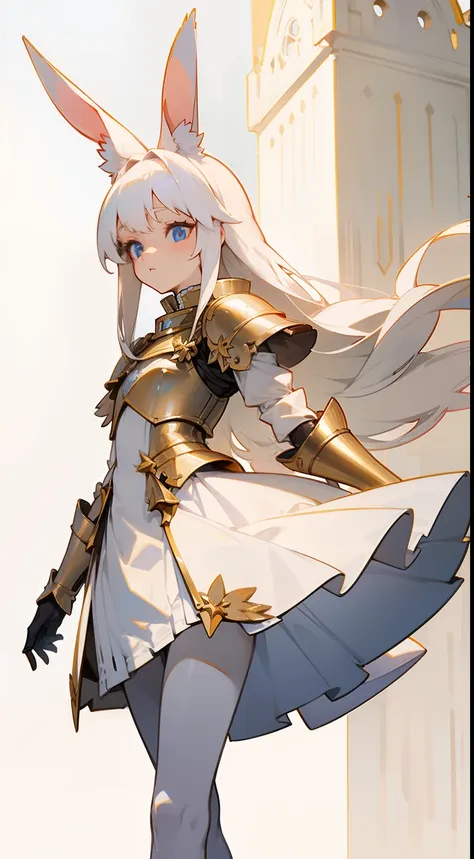 1rabbit girl,(small),solo,white hair,long rabbit ear,blue eyes,long hair,white dress,white skirt,gold armor shoulder pads,knight...