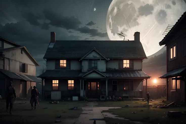 outside view of home, dusk, abandoned scene, multiple zombies surrounding the house, moon, cloudy