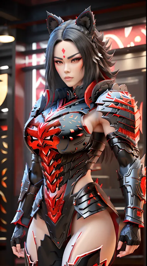 CHINESE TIGER, WOMAN, (Red, Black:1.5), DRAGON HEAD, HEAVY CRYSTAL ARMOR, TRANSPARANT, MUSCLE BODY, MUSCLE ABS.