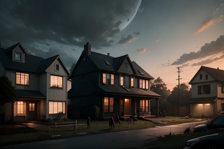 outside view of home, dusk, abandoned scene, multiple zombies surrounding the house, moon, cloudy