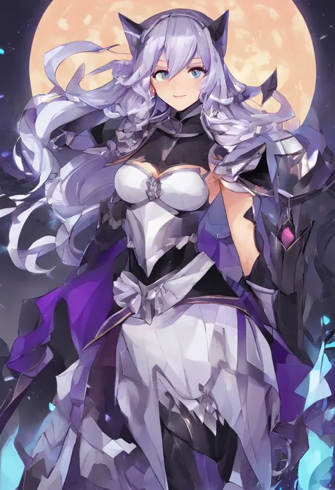 BriarLoL:1.2)(best quality)(dark fantasy)(anime)(full body) skin, white hair, short hair, (pointy ears, sharp teeth) knight, black armor, purple robes