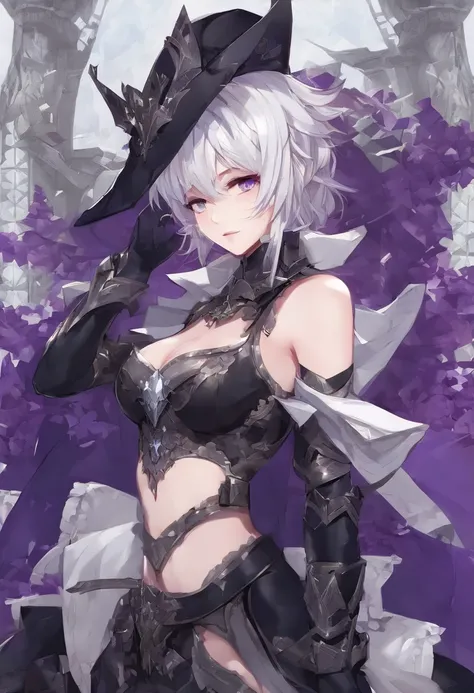 BriarLoL:1.2)(best quality)(dark fantasy)(anime)(full body) skin, white hair, short hair, (pointy ears, sharp teeth) knight, black armor, purple robes