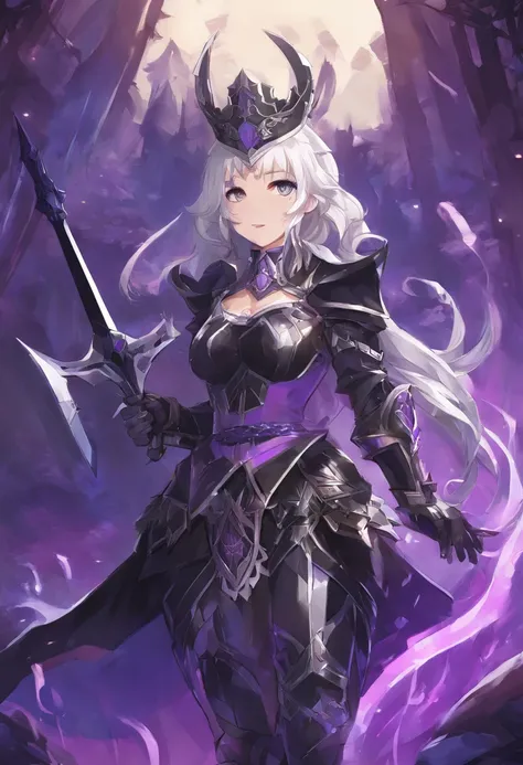 BriarLoL:1.2)(best quality)(dark fantasy)(anime)(full body) skin, white hair, short hair, (pointy ears, sharp teeth) knight, black armor, purple robes