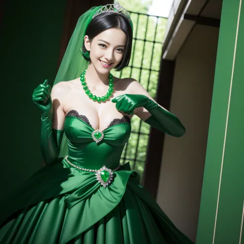 emerald tiara, Green Pearl Necklace, Boyish very short black hair, lipsticks, Japan woman smiling, very short short hair, fist, big breasts beautiful, Green eyes, Long green gloves made of satin material, Green eyes